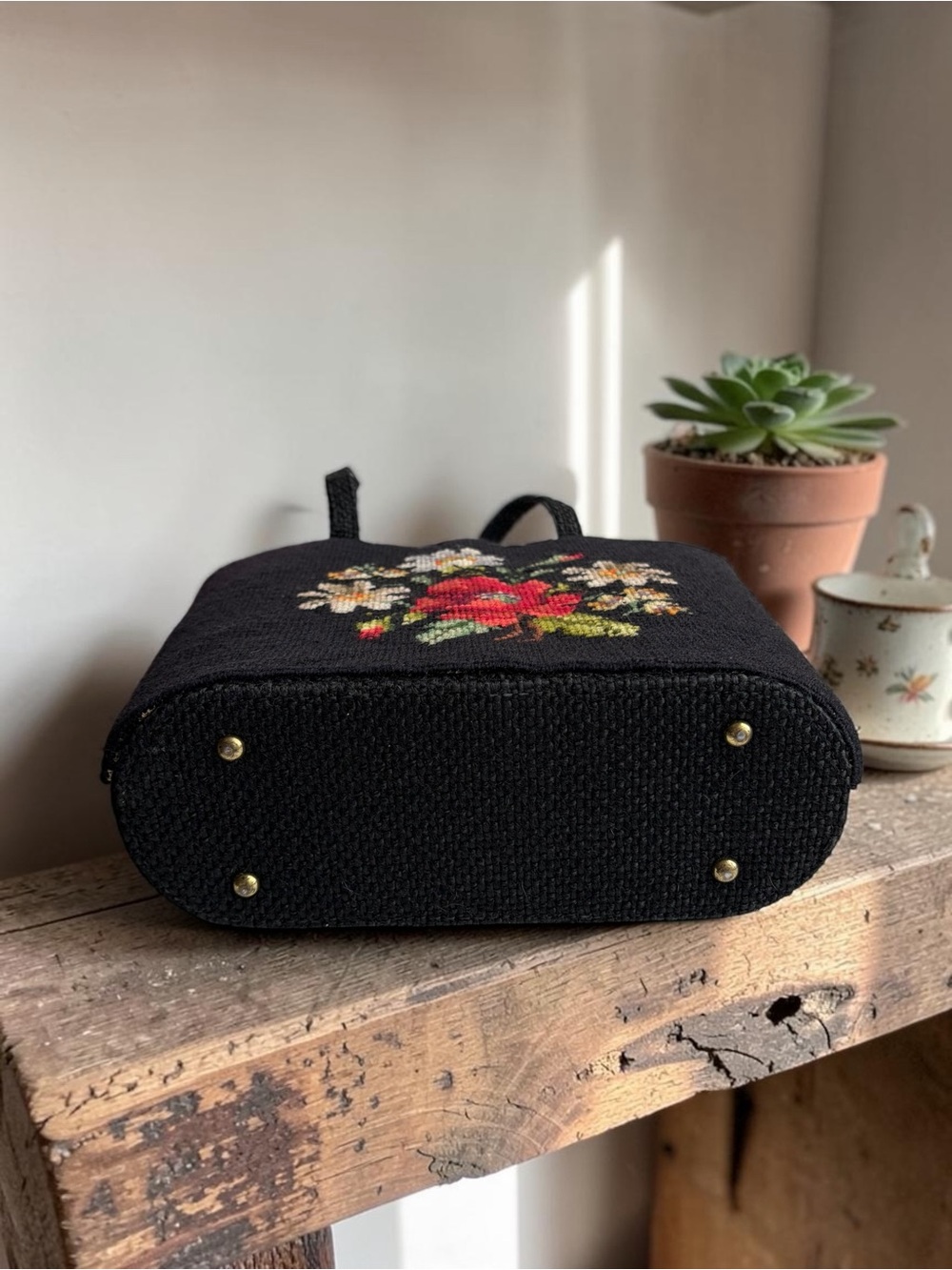 Vintage Black Needlepoint Tote with Red Floral Accent - Picture 8 of 16